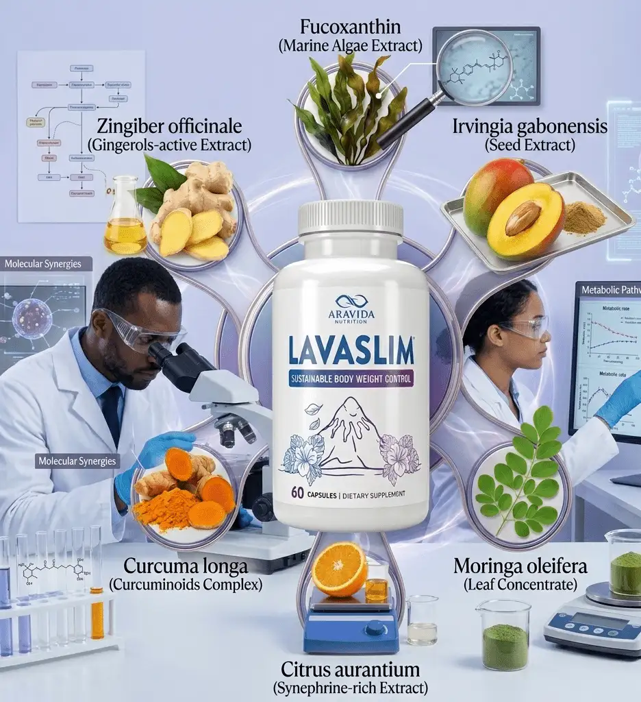 Scientific illustration of LavaSlim ingredients and metabolic support benefits