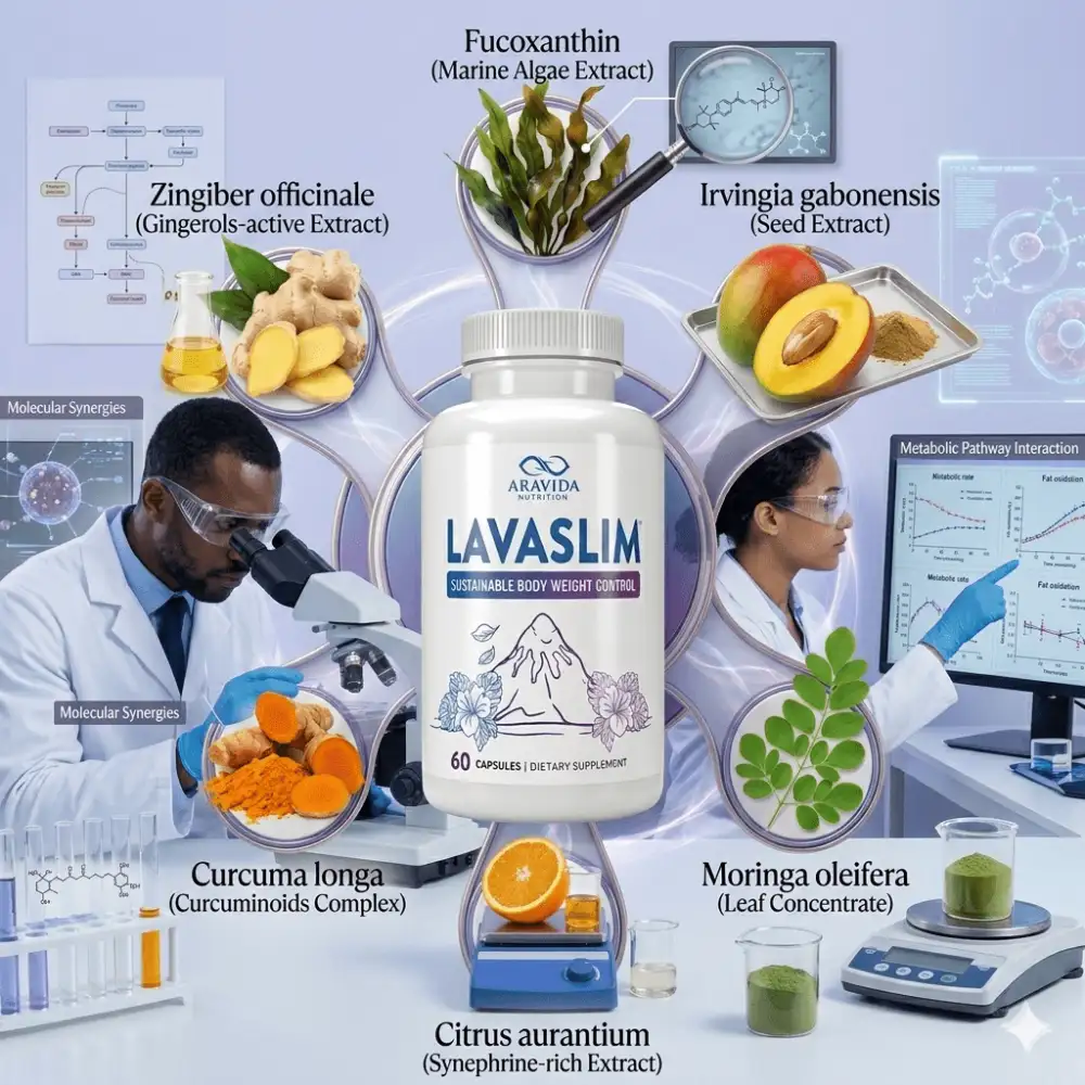 Scientific illustration of LavaSlim ingredients and metabolic support benefits